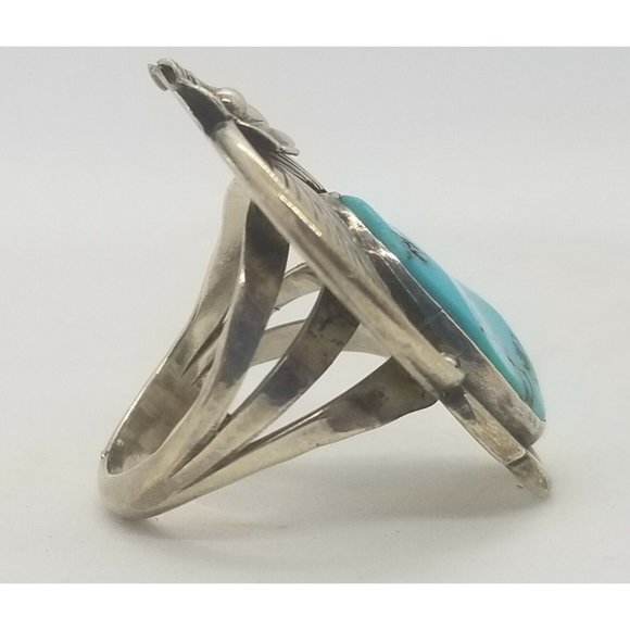 Sterling Silver and Turquoise Stone Navajo Inspired Ring Feathers Flower - Picture 4 of 9